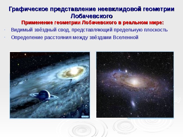 Графическое представление неевклидовой геометрии Лобачевского Применение геометрии Лобачевского в реальном мире: Видимый звёздный свод, представляющий предельную плоскость Определение расстояния между звёздами Вселенной  