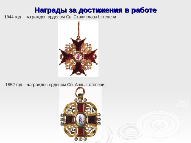 Награды за достижения в работе 1844 год – награжден орденом Св. Станислава I степени  1852 год – награжден орденом Св. Анны I степени; 