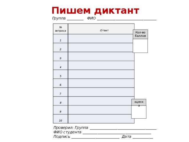 Пишем диктант Группа _________ ФИО ________________________________ № вопроса    Ответ 1  2  3  4  5   6 7  8  9  10 Кол-во баллов оценка Проверил: Группа ____________________________________ ФИО студента _____________________________________ Подпись __________________________ Дата ___________ 