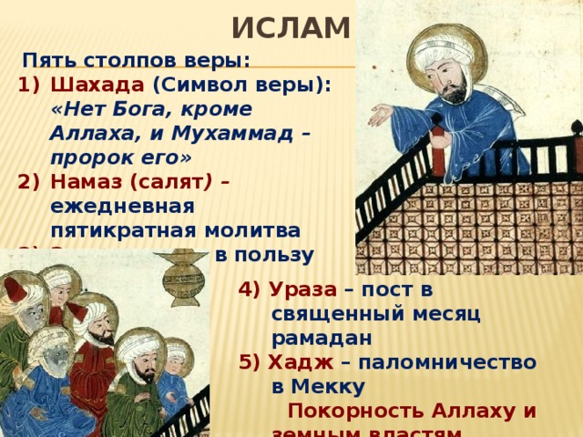 ИСЛАМ  Пять столпов веры: Шахада (Символ веры): «Нет Бога, кроме Аллаха, и Мухаммад – пророк его» Намаз (салят ) – ежедневная пятикратная молитва Закят – налог в пользу бедных 4) Ураза – пост в священный месяц рамадан 5) Хадж – паломничество в Мекку  Покорность Аллаху и земным властям 