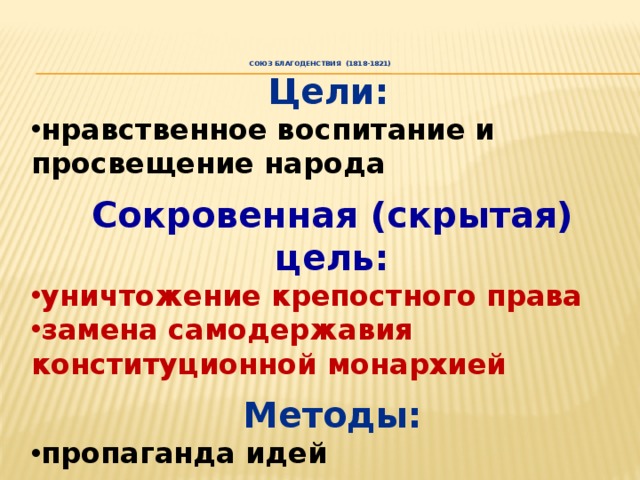 Союз благоденствия (1818-1821)    Цели:  нравственное воспитание и просвещение народа  Сокровенная (скрытая) цель: уничтожение крепостного права замена самодержавия конституционной монархией  Методы: пропаганда идей продвижение на государственные посты 