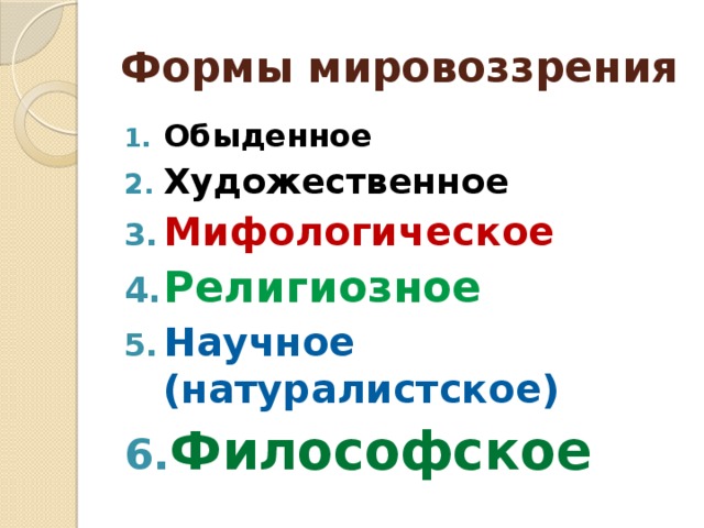 Формы мировоззрения Обыденное Художественное Мифологическое Религиозное Научное (натуралистское) Философское 