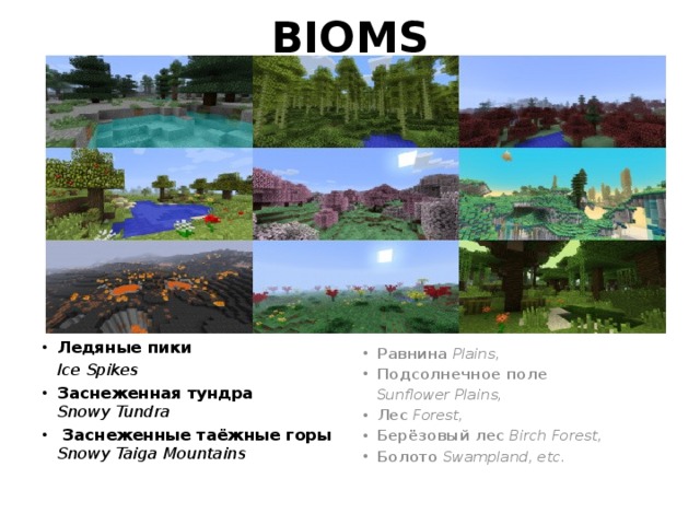 BIOMS Ледяные пики  Ice Spikes Заснеженная тундра  Snowy Tundra  Заснеженные таёжные горы  Snowy Taiga Mountains Равнина Plains, Подсолнечное поле  Sunflower Plains, Лес Forest, Берёзовый лес Birch Forest, Болото Swampland, etc. 