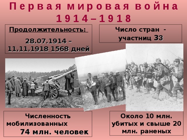 П е р в а я м и р о в а я в о й н а  1 9 1 4 – 1 9 1 8 Продолжительность: 28.07.1914 –11.11.1918 15 68 дней Число стран - участниц 3 3 Около 10 млн. убитых и свыше 20 млн. раненых Численность мобилизованных 74 млн. человек 