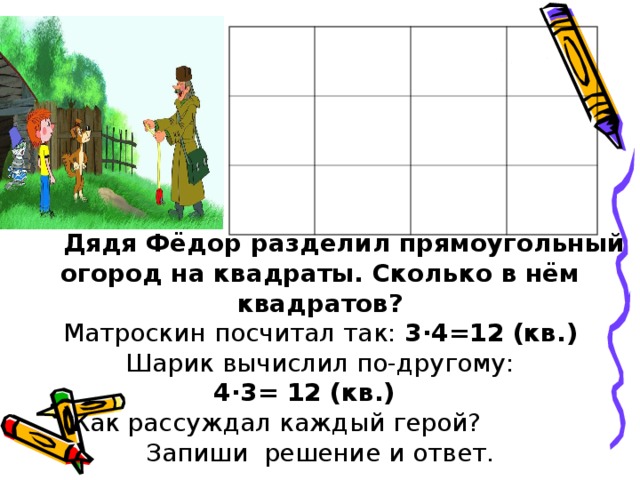  Дядя Фёдор разделил прямоугольный огород на квадраты. Сколько в нём квадратов? Матроскин посчитал так: 3·4=12 (кв.)  Шарик вычислил по-другому: 4·3= 12 (кв.)    Как рассуждал каждый герой?  Запиши  решение и ответ. 