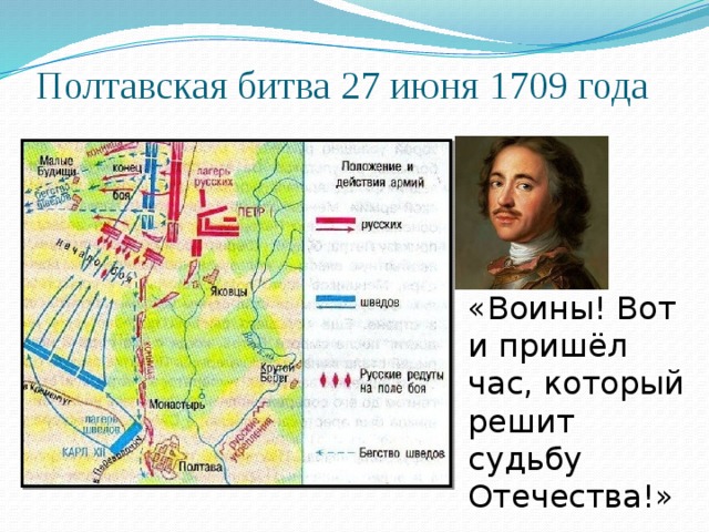Полтавская битва 27 июня 1709 года «Воины! Вот и пришёл час, который решит судьбу Отечества!» 