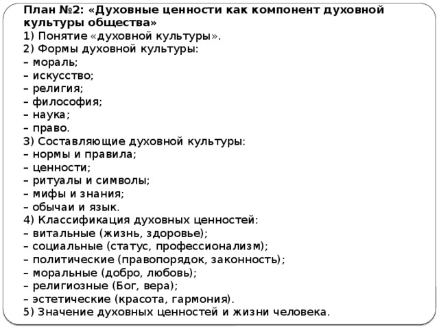 План духовной культуры в жизни общества план