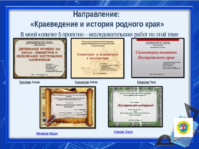 Направление:  «Краеведение и история родного края» В моей копилке 5 проектно – исследовательских работ по этой теме Торопова  Алина Корнилова  Алёна Юрасова  Лиза Князева  Олеся Матвеева  Мария 