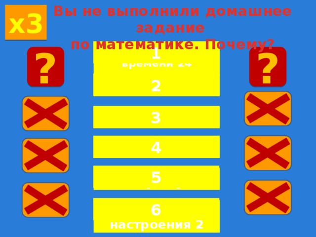 Вы не выполнили домашнее задание по математике. Почему? х3 1 Не хватило времени 24  ? ? 2 Лень 18 3 Забыл 11 Не смог 10 4 5 По фигу 3 6 Не было настроения 2 