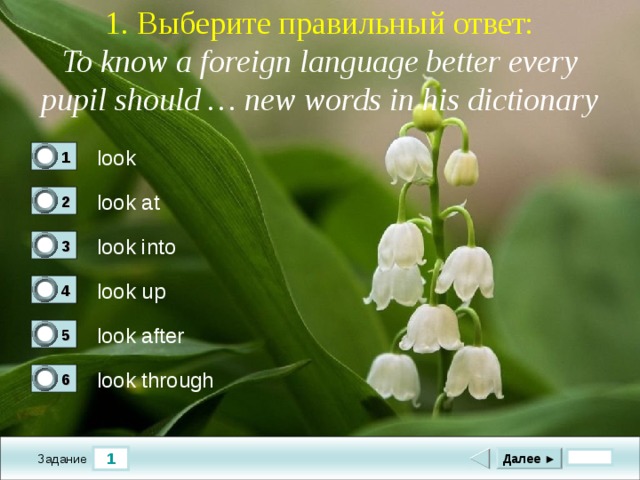 1. Выберите правильный ответ: To know a foreign language better every pupil should … new words in his dictionary look 1 0 look at 2 0 look into 3 0 look up 4 1 look after 5 0 look through 6 0 1 Далее ► Задание 