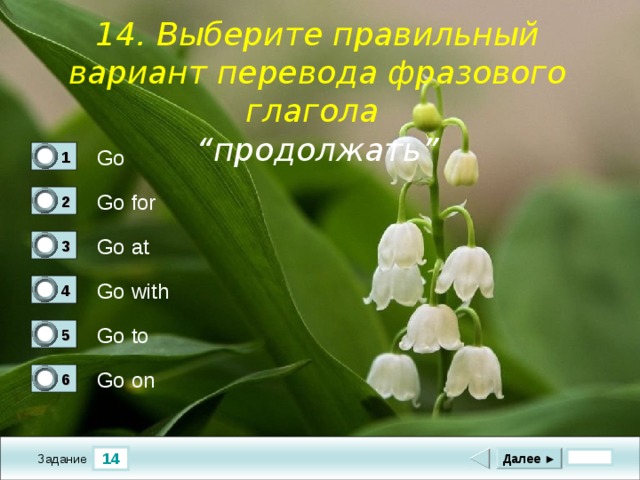 14 . Выберите правильный вариант перевода фразового глагола “ продолжать ”         Go 1 0 Go for 2 0 Go at 3 0 Go with 4 0 Go to 5 0 Go on 6 1 14 Далее ► Задание 