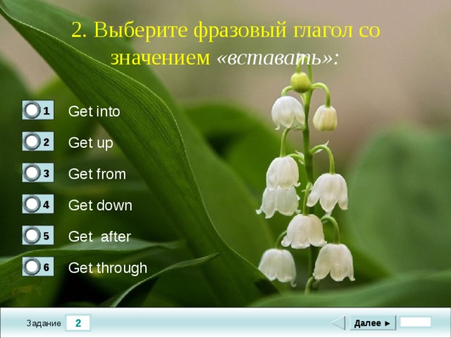 2. Выберите фразовый глагол со значением «вставать»: Get into 1 0 Get up 2 1 Get from 3 0 Get down 4 0 Get after 5 0 Get through 6 0 2 Далее ► Задание 