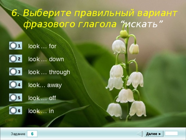  6 . Выберите правильный вариант фразового глагола  “ искать ”     look … for 1 1 look … down 2 0 look … through 3 0 look… away 4 0 look … off 5 0 look … in 6 0 6 Далее ► Задание 