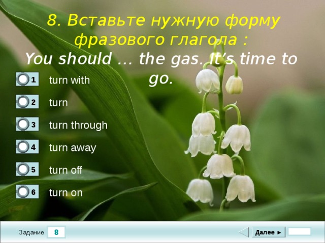  8. Вставьте нужную форму фразового глагола : You should … the gas. It’s time to go.       turn with 1 0 turn 2 0 turn through 3 0 turn away 4 0 turn off 5 1 turn on 6 0 8 Далее ► Задание 