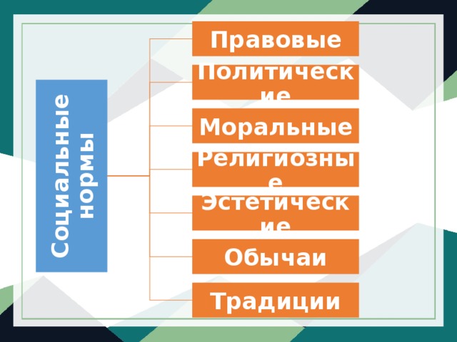Социальные нормы Правовые Политические Моральные Религиозные Эстетические Обычаи Традиции 