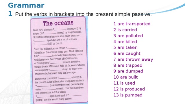 Grammar  1 Put the verbs in brackets into the present simple passive. 1 are transported 2 is carried 3 are polluted 4 are killed 5 are taken 6 are caught 7 are thrown away 8 are trapped 9 are dumped 10 are built 11 is used 12 is produced 13 is pumped 