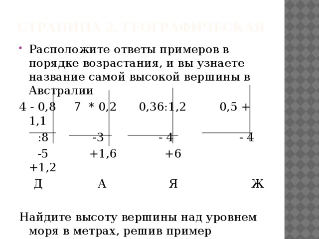 Страница 2. ГЕографическая Расположите ответы примеров в порядке возрастания, и вы узнаете название самой высокой вершины в Австралии 4 - 0,8 7 * 0,2 0,36:1,2 0,5 + 1,1  :8 -3 - 4 - 4  -5 +1,6 +6 +1,2  Д А Я Ж Найдите высоту вершины над уровнем моря в метрах, решив пример ((-10+15)+(0,53-0,646))*1000 