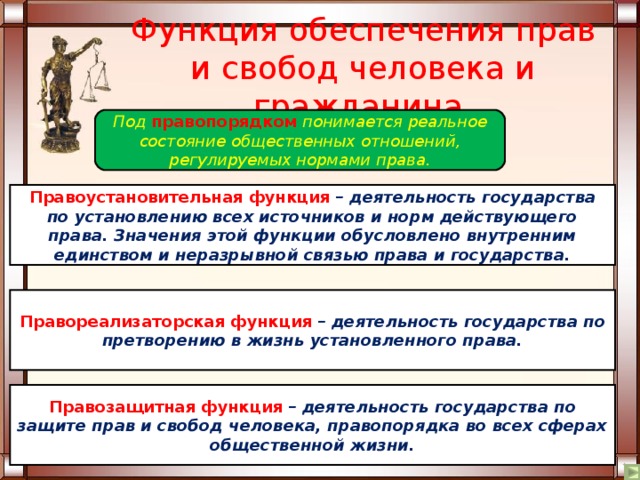 Социальная, экологическая и политическая функции. Главная цель социальной функции  – устранить или смягчить возможную социальную напряженность в обществе. Также она предполагает государственную политику в области здравоохранения, образования, науки и культуры. Политическая функция  состоит в предотвращении межнациональных конфликтов, создании необходимых и достаточных условий для реализации принципа народовластия, формирования гражданского общества.   Экологическая функция устанавливает правовой режим природопользования, принимает меры при экстремальных экологических ситуациях : проводит спасательные работы, оказывает помощь жертвам бедствий и т.д. 