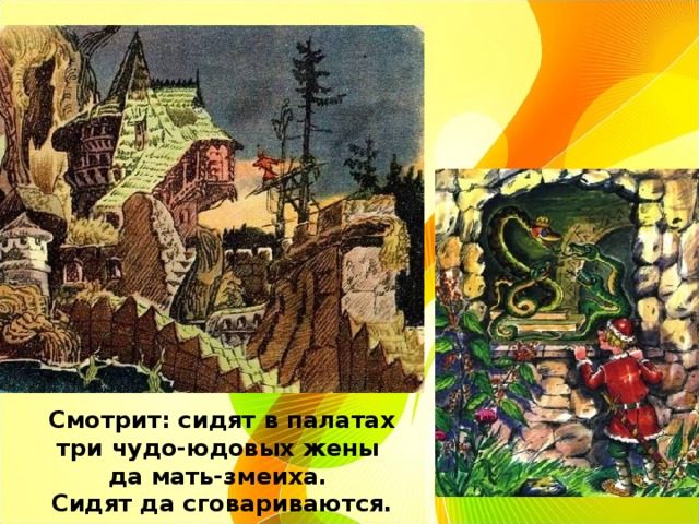 Смотрит: сидят в палатах три чудо-юдовых жены да мать-змеиха. Сидят да сговариваются. 