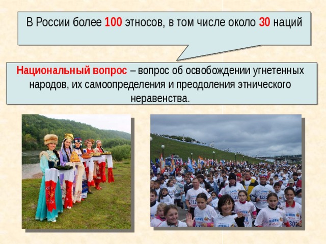 В России более 100 этносов, в том числе около 30 наций Национальный вопрос  – вопрос об освобождении угнетенных народов, их самоопределения и преодоления этнического неравенства. 