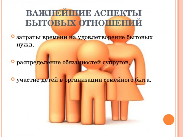 ВАЖНЕЙШИЕ АСПЕКТЫ БЫТОВЫХ ОТНОШЕНИЙ затраты времени на удовлетворение бытовых нужд,  распределение обязанностей супругов,  участие детей в организации семейного быта. 