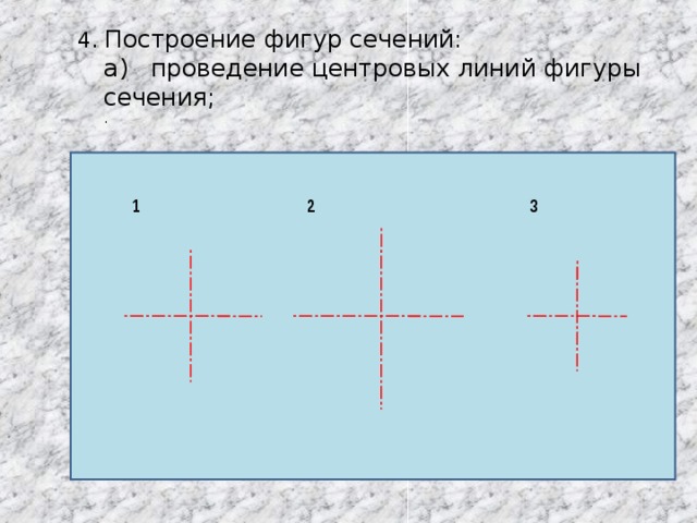 4. Построение фигур сечений:  а) проведение центровых линий фигуры сечения;  . 1 2 3 