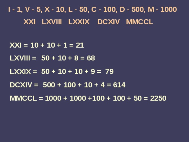I -  1, V -  5, X - 10, L - 50, C - 100, D - 500, M - 1000 XXI LXVIII LXXIX DCXIV MMCCL XXI = 10 + 10 + 1 = 21 LXVIII = 50 + 10 + 8 = 68 50 + 10 + 10 + 9 = 79 LXXIX = DCXIV = 500 + 100 + 10 + 4 = 614 Материал к уроку № 1 по теме «Десятичная система счисления»   1000 + 1000 +100 + 100 + 50 = 2250 MMCCL =  