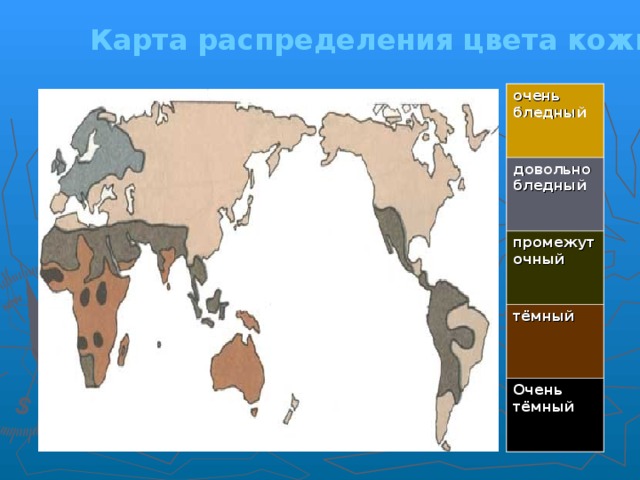 Карта распределения цвета кожи очень бледный довольно бледный  промежуточный тёмный Очень тёмный 