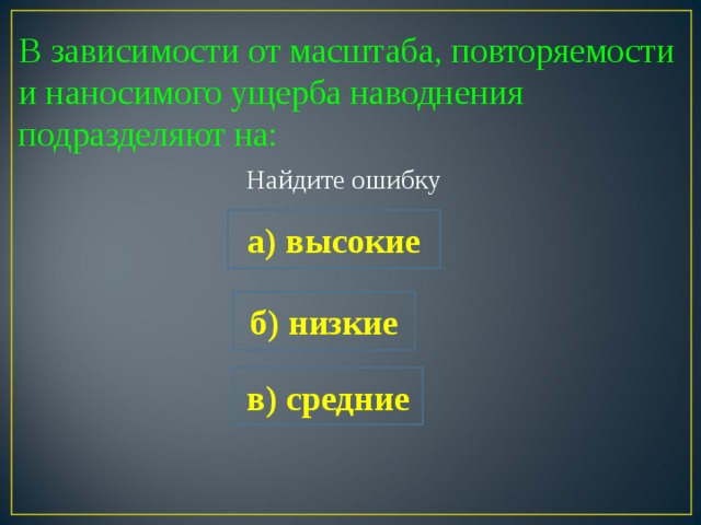 В зависимости от масштаба, повторяемости и наносимого ущерба наводнения подразделяют на: Найдите ошибку а) высокие б) низкие Найдите ошибку в) средние  