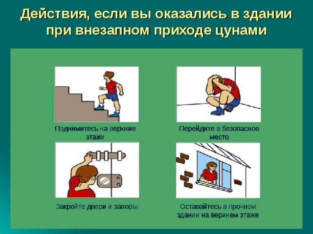 Действия, если вы оказались в здании при внезапном приходе цунами Поднимитесь на верхние этажи Перейдите в безопасное место Закройте двери и запоры Оставайтесь в прочном здании на верхнем этаже 