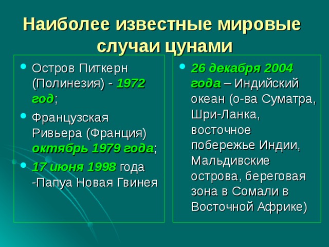 Наиболее известные мировые случаи цунами Остров Питкерн (Полинезия) - 1972 год ; Французская Ривьера (Франция) октябрь 1979 года ; 17 июня 1998 года -Папуа Новая Гвинея 26 декабря 2004 года – Индийский океан (о-ва Суматра, Шри-Ланка, восточное побережье Индии, Мальдивские острова, береговая зона в Сомали в Восточной Африке ) 