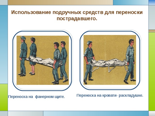 Использование подручных средств для переноски пострадавшего. Переноска на кровати- раскладушке.  Переноска на фанерном щите. 