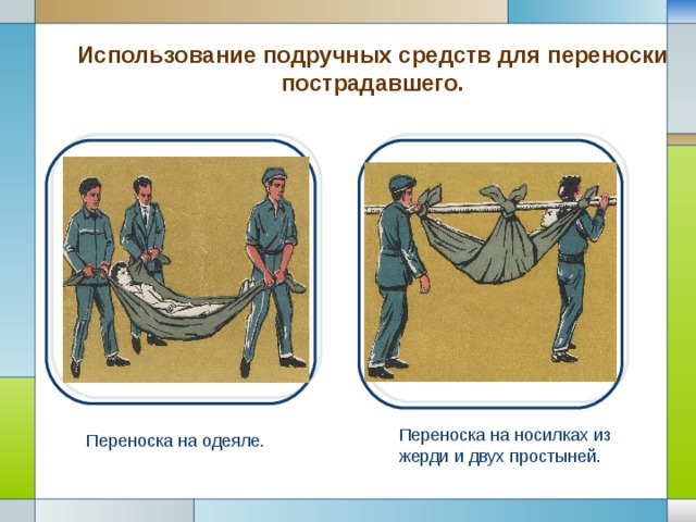 Использование подручных средств для переноски пострадавшего. Переноска на носилках из жерди и двух простыней. Переноска на одеяле. 