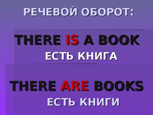  РЕЧЕВОЙ ОБОРОТ :   THERE IS A BOOK   ЕСТЬ КНИГА    THERE ARE BOOKS   ЕСТЬ КНИГИ 