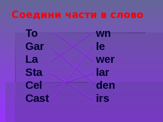 Соедини части в слово To Gar La Sta Cel Cast wn le wer lar den irs 