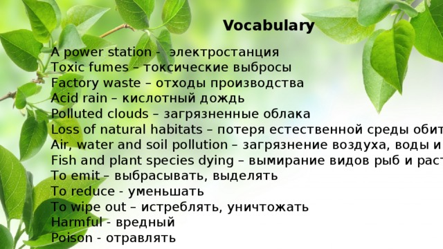 Vocabulary A power station - электростанция Toxic fumes – токсические выбросы Factory waste – отходы производства Acid rain – кислотный дождь Polluted clouds – загрязненные облака Loss of natural habitats – потеря естественной среды обитания Air, water and soil pollution – загрязнение воздуха, воды и почвы Fish and plant species dying – вымирание видов рыб и растений To emit – выбрасывать, выделять To reduce - уменьшать To wipe out – истреблять, уничтожать Harmful - вредный Poison - отравлять 