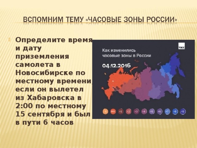 Определите время и дату приземления самолета в Новосибирске по местному времени, если он вылетел из Хабаровска в 2:00 по местному 15 сентября и был в пути 6 часов 