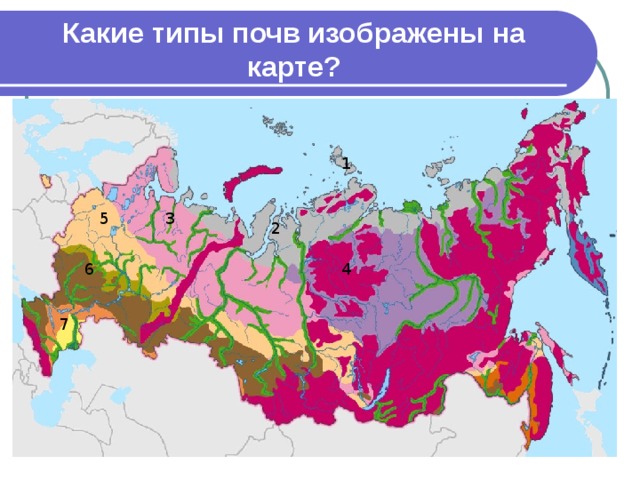 Какие типы почв изображены на карте? 1 3 5 2 4 6 7 