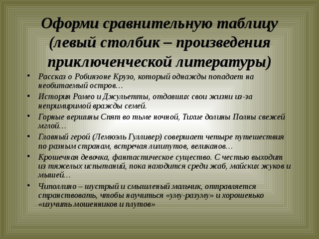 Оформи сравнительную таблицу (левый столбик – произведения приключенческой литературы)