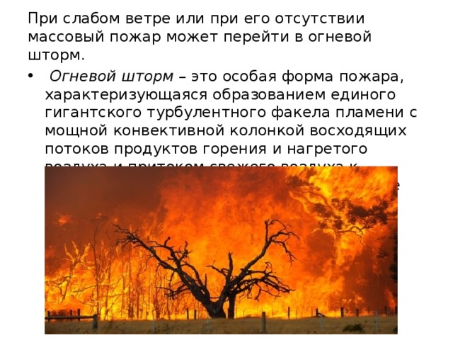 При слабом ветре или при его отсутствии массовый пожар может перейти в огневой шторм.  Огневой шторм – это особая форма пожара, характеризующаяся образованием единого гигантского турбулентного факела пламени с мощной конвективной колонкой восходящих потоков продуктов горения и нагретого воздуха и притоком свежего воздуха к границам огневого шторма со скоростью не менее 14–15 м/с. 