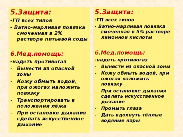 5.Защита: -ГП всех типов - Ватно-марливая повязка смоченная в 2% растворе питьевой соды  6.Мед.помощь: -надеть противогаз Вынести из опасной зоны Кожу обмыть водой, при ожогах наложить повязку Транспортировать в положении лёжа При остановке дыхания сделать искусственное дыхание 5.Защита: -ГП всех типов - Ватно-марливая повязка смоченная в 5% растворе лимонной кислоты  6.Мед.помощь: -надеть противогаз Вынести из опасной зоны Кожу обмыть водой, при ожогах наложить повязку При остановке дыхания сделать искусственное дыхание Промыть глаза Дать вдохнуть тёплые водяные пары  