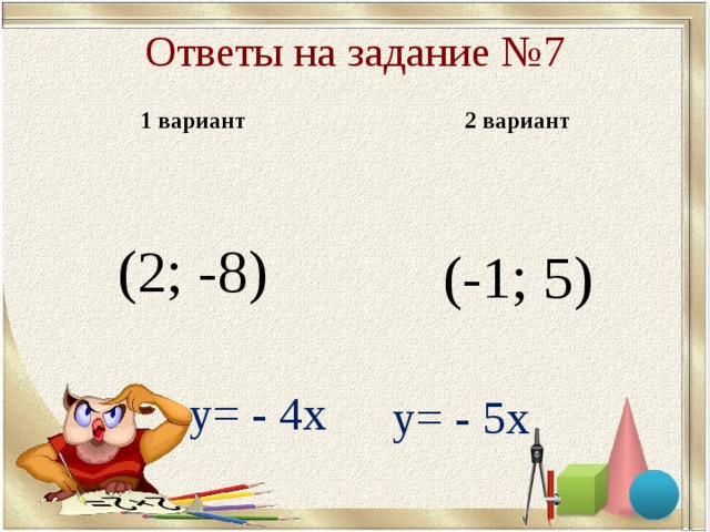 Ответы на задание № 7 1 вариант 2 вариант (2; -8) (-1; 5) у= - 4х у= - 5х