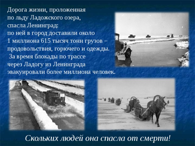 Дорога жизни, проложенная по льду Ладожского озера, спасла Ленинград: по ней в город доставили около 1 миллиона 615 тысяч тонн грузов – продовольствия, горючего и одежды.  За время блокады по трассе через Ладогу из Ленинграда эвакуировали более миллиона человек. Скольких людей она спасла от смерти! 