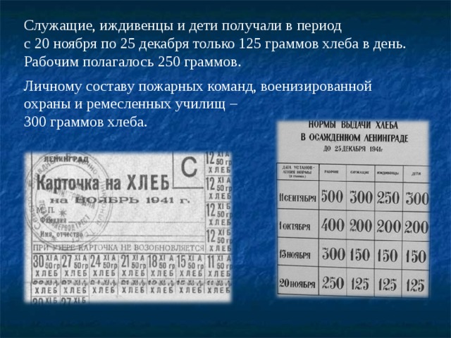 Служащие, иждивенцы и дети получали в период с 20 ноября по 25 декабря только 125 граммов хлеба в день. Рабочим полагалось 250 граммов. Личному составу пожарных команд, военизированной охраны и ремесленных училищ – 300 граммов хлеба. 