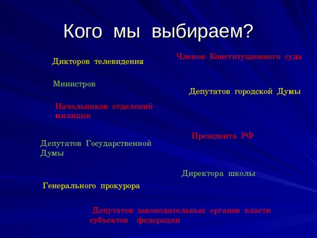 Кого мы выбираем?  Членов Конституционного суда  Дикторов телевидения Министров Депутатов городской Думы Начальников отделений милиции Президента РФ Депутатов Государственной Думы  Директора школы Генерального прокурора  Депутатов законодательных органов власти субъектов федерации 