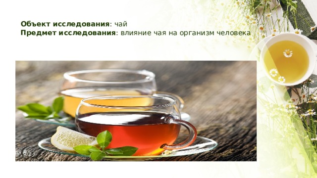 Объект исследования : чай  Предмет исследования : влияние чая на организм человека   