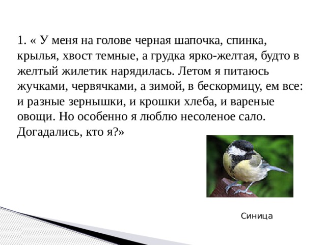 1. « У меня на голове черная шапочка, спинка, крылья, хвост темные, а грудка ярко-желтая, будто в желтый жилетик нарядилась. Летом я питаюсь жучками, червячками, а зимой, в бескормицу, ем все: и разные зернышки, и крошки хлеба, и вареные овощи. Но особенно я люблю несоленое сало. Догадались, кто я?» Синица 