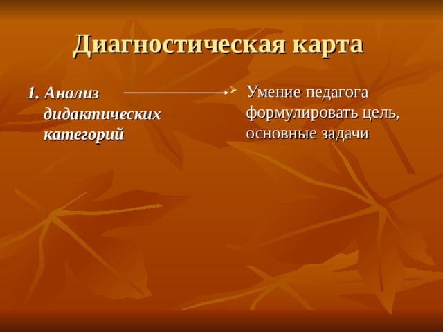 Диагностическая карта Умение педагога формулировать цель, основные задачи 1. Анализ дидактических категорий 