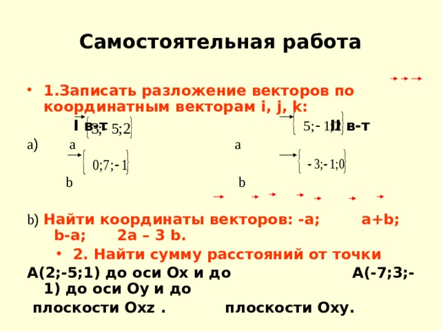 Самостоятельная работа 1.Записать разложение векторов по координатным векторам i, j, k:  I в-т     II в-т  a )    а   а      b   b  b ) Найти координаты векторов: -а; a+b; b-a; 2а – 3 b.  2. Найти сумму расстояний от точки А(2;-5;1) до оси Ох и до   A(-7;3;-1) до оси Оу и до  плоскости Охz .    плоскости Оху.  