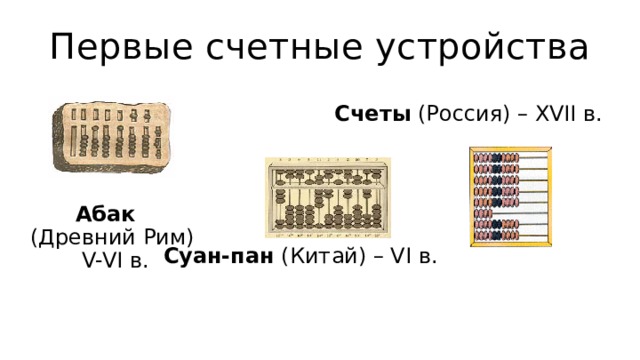 Первые счетные устройства Счеты (Россия) – XVII в. Абак   (Древний Рим)  V-VI в. Суан-пан (Китай) – VI в. 